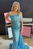 Load image into Gallery viewer, Light Blue Sparkly Sequins Off the Shoulder Long Prom Dress with Feathers