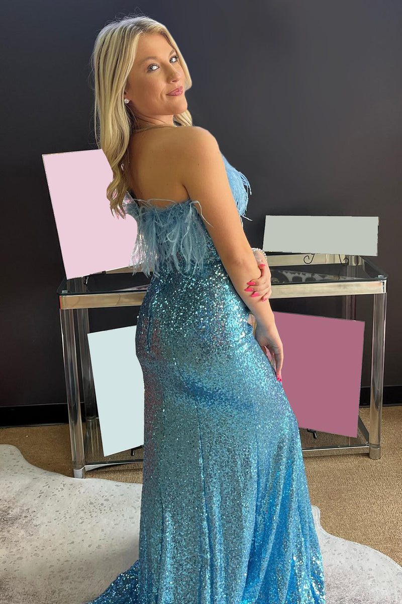 Load image into Gallery viewer, Light Blue Sparkly Sequins Off the Shoulder Long Prom Dress with Feathers