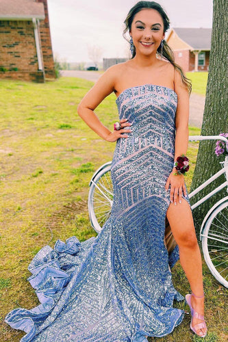 Sky Blue Sequins Strapless Long Prom Dress