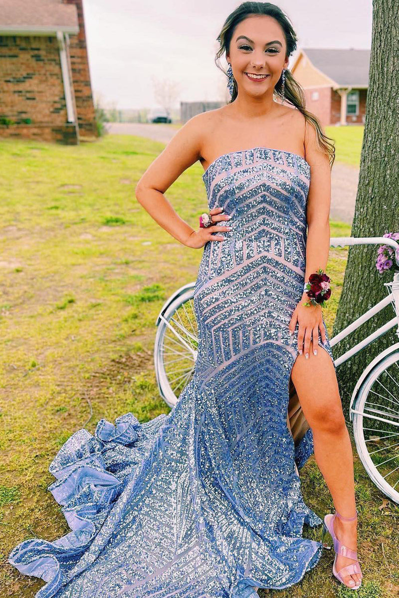 Load image into Gallery viewer, Sky Blue Sequins Strapless Long Prom Dress