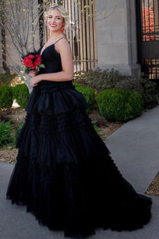 Black A-Line Spaghetti Straps Long Prom Dress