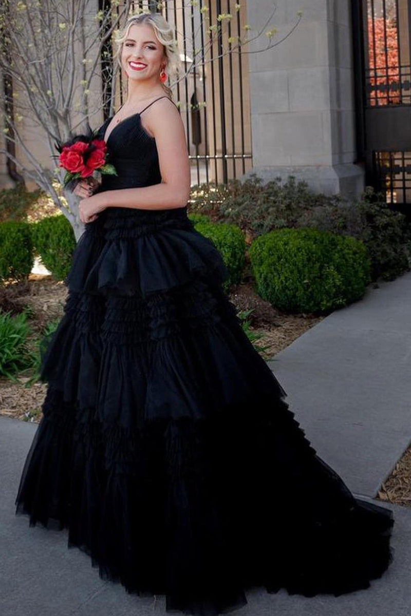 Load image into Gallery viewer, Black A-Line Spaghetti Straps Long Prom Dress