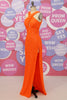 Load image into Gallery viewer, Orange Halter Sequined Backless Long Prom Dress