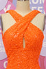 Load image into Gallery viewer, Orange Halter Sequined Backless Long Prom Dress