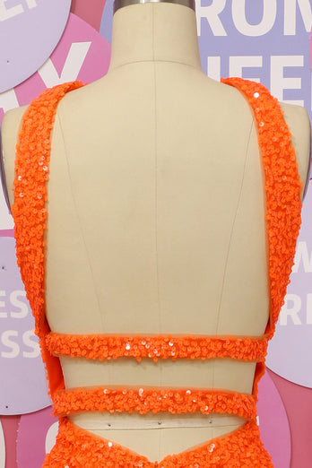 Orange Halter Sequined Backless Long Prom Dress