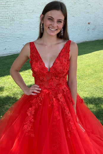 Red A-Line V-Neck Long Prom Dress With Appliques