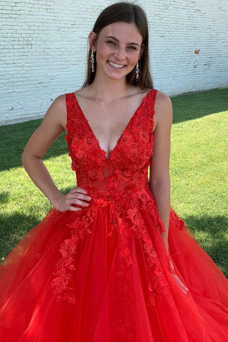 Load image into Gallery viewer, Red A-Line V-Neck Long Prom Dress With Appliques