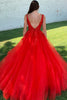 Load image into Gallery viewer, Red A-Line V-Neck Long Prom Dress With Appliques