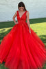 Load image into Gallery viewer, Red A-Line V-Neck Long Prom Dress With Appliques