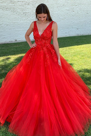 Red A-Line V-Neck Long Prom Dress With Appliques