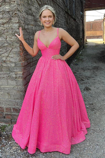 Sparkly Hot Pink Sequins A-Line Long Prom Dress