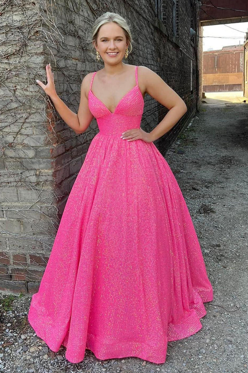 Load image into Gallery viewer, Sparkly Hot Pink Sequins A-Line Long Prom Dress