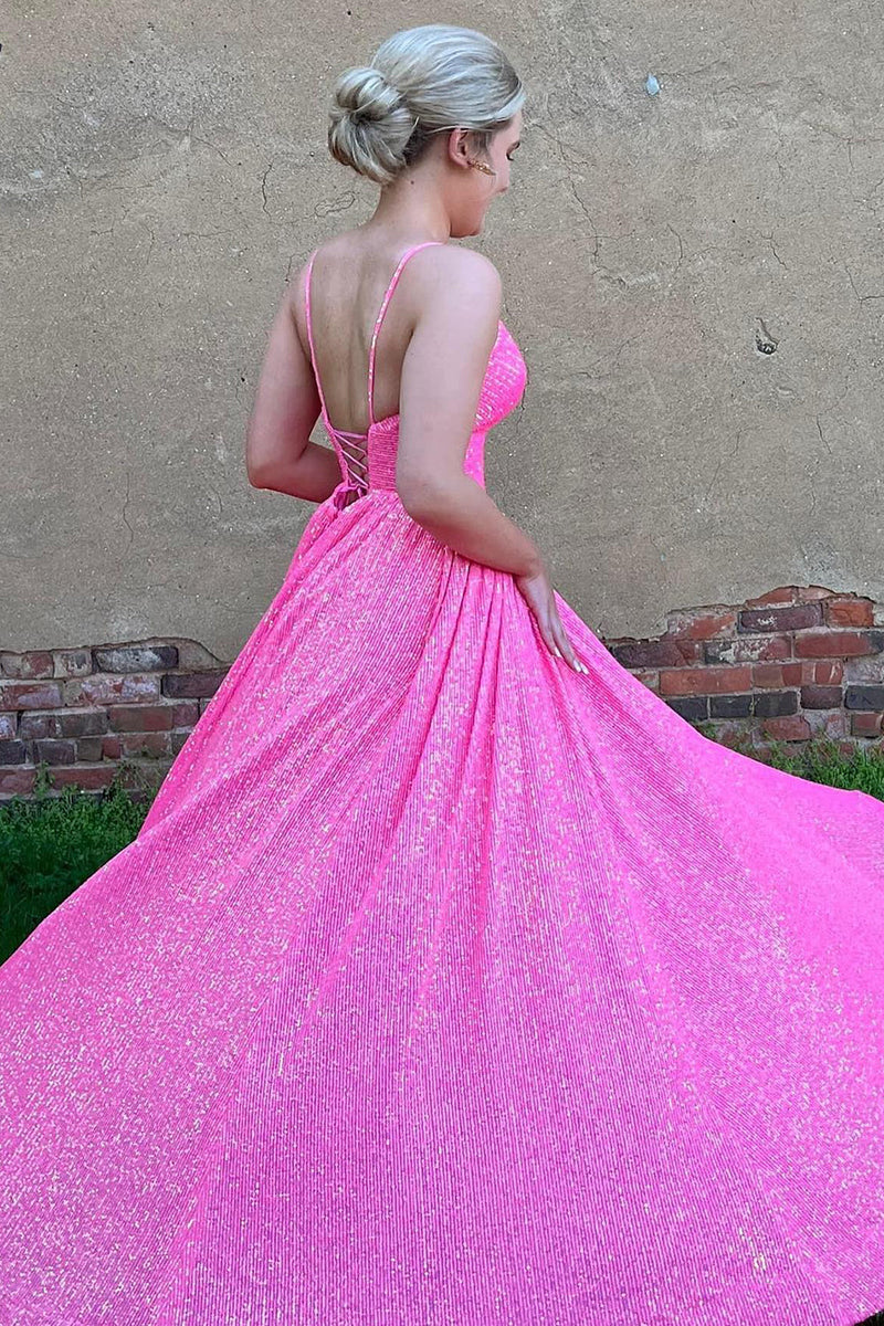 Load image into Gallery viewer, Sparkly Hot Pink Sequins A-Line Long Prom Dress