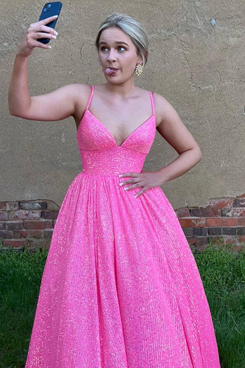 Sparkly Hot Pink Sequins A-Line Long Prom Dress