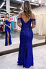 Load image into Gallery viewer, Royal Blue Off the Shoulder Sequins Sheath Prom Dress with Fringes