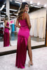 Load image into Gallery viewer, Hot Pink Satin V-Neck Simple Prom Dress with Slit