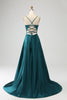 Load image into Gallery viewer, Peacock Green A-Line Spaghetti Straps Long Prom Dress with Slit