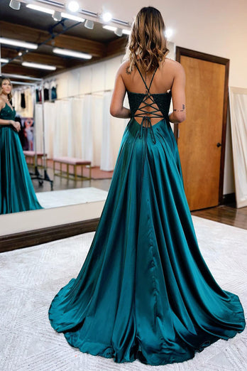 Dark Green Satin A-Line Appliques Prom Dress with Slit