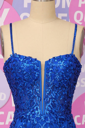 Royal Blue Mermaid Spaghetti Straps Sequins Prom Dress with Split Front