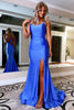 Load image into Gallery viewer, Blue Lace Up Prom Dress With Slit