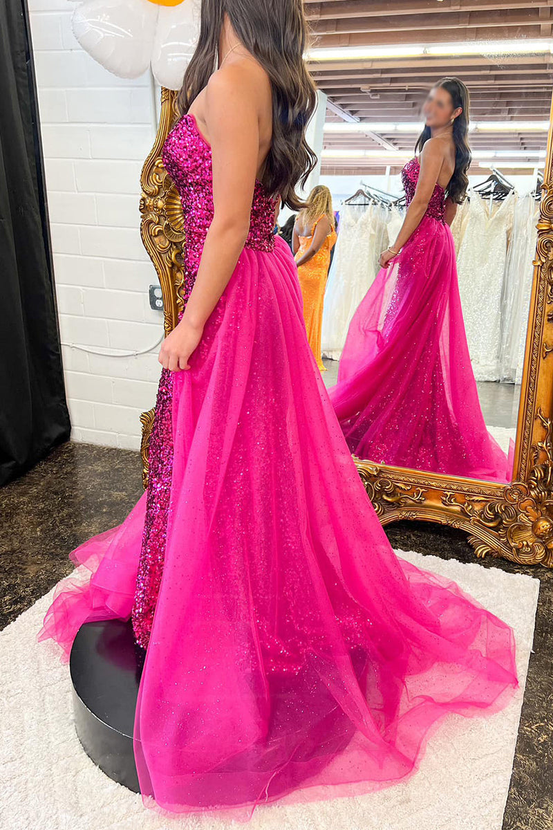 Load image into Gallery viewer, Sparkly Hot Pink Detachable Train Sequins Long Prom Dress