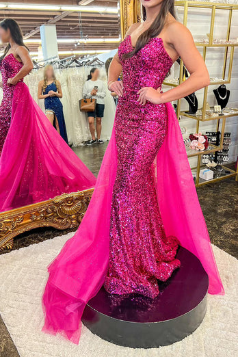 Sparkly Hot Pink Detachable Train Sequins Long Prom Dress