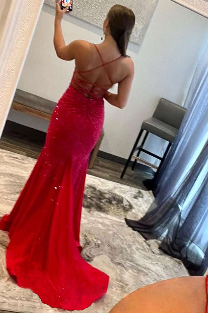 Load image into Gallery viewer, Mermaid Spaghetti Straps Red Long Prom Dress with Criss Cross Back