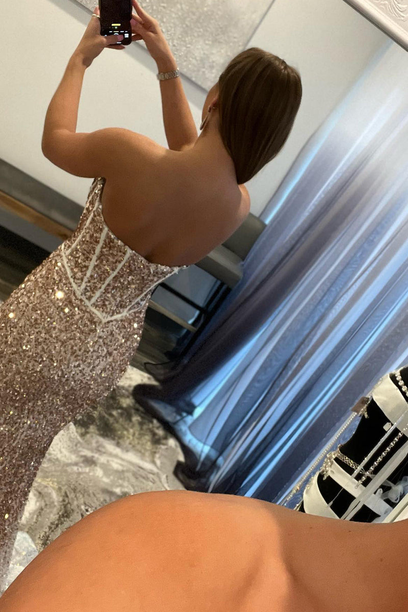 Load image into Gallery viewer, Rose Gold Sparkly Sequins Mermaid Long Prom Dress