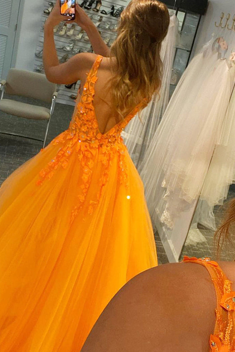 Load image into Gallery viewer, Princess A Line Deep V Neck Blush Long Prom Dress with Appliques