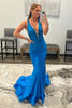 Load image into Gallery viewer, Blue Deep V-neck Mermaid Prom Dress with Beading