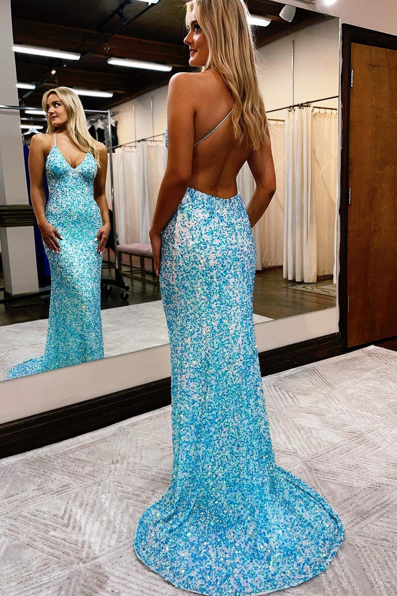 Load image into Gallery viewer, Mermaid Spaghetti Straps Blue Sequins Backless Long Prom Dress