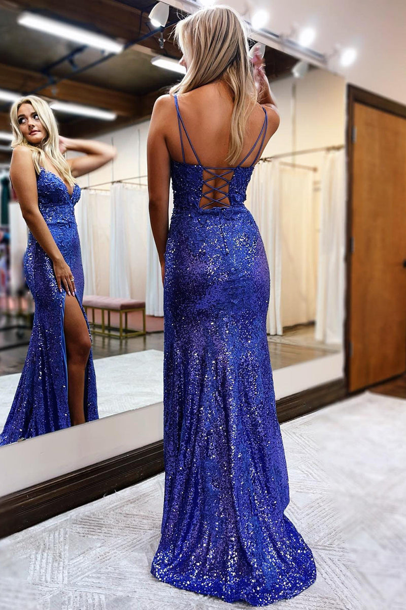 Load image into Gallery viewer, Sheath Spaghetti Straps Royal Blue Sequins Long Prom Dress with Silt