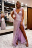 Load image into Gallery viewer, Sheath Deep V Neck Light Pink Sequins Long Prom Dress with Feathers