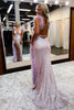 Load image into Gallery viewer, Sheath Deep V Neck Light Pink Sequins Long Prom Dress with Feathers