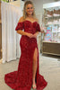 Load image into Gallery viewer, Burgundy Off Shoulder Sequins Mermaid Prom Dress with Slit