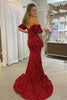 Load image into Gallery viewer, Burgundy Off Shoulder Sequins Mermaid Prom Dress with Slit