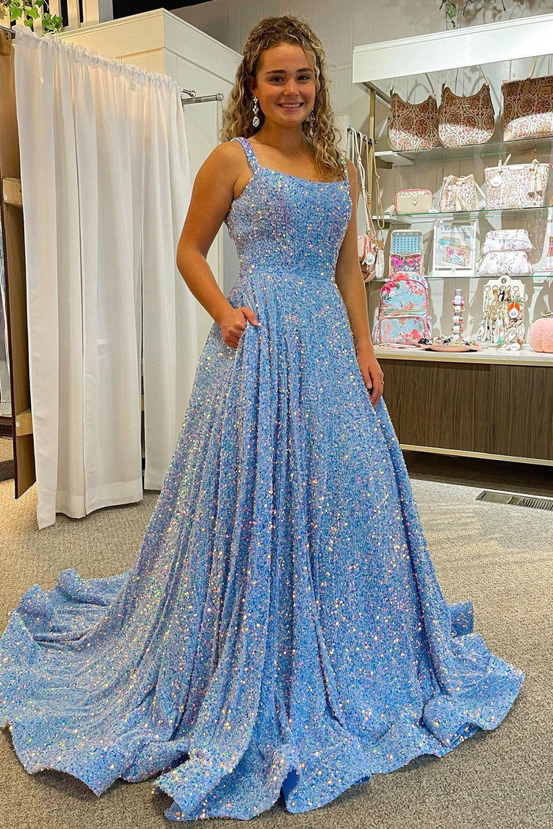 Load image into Gallery viewer, A Line Square Neck Light Blue Sequins Long Prom Dress