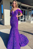 Load image into Gallery viewer, Mermaid Off the Shoulder Purple Sequins Cut Out Prom Dress with Feathers