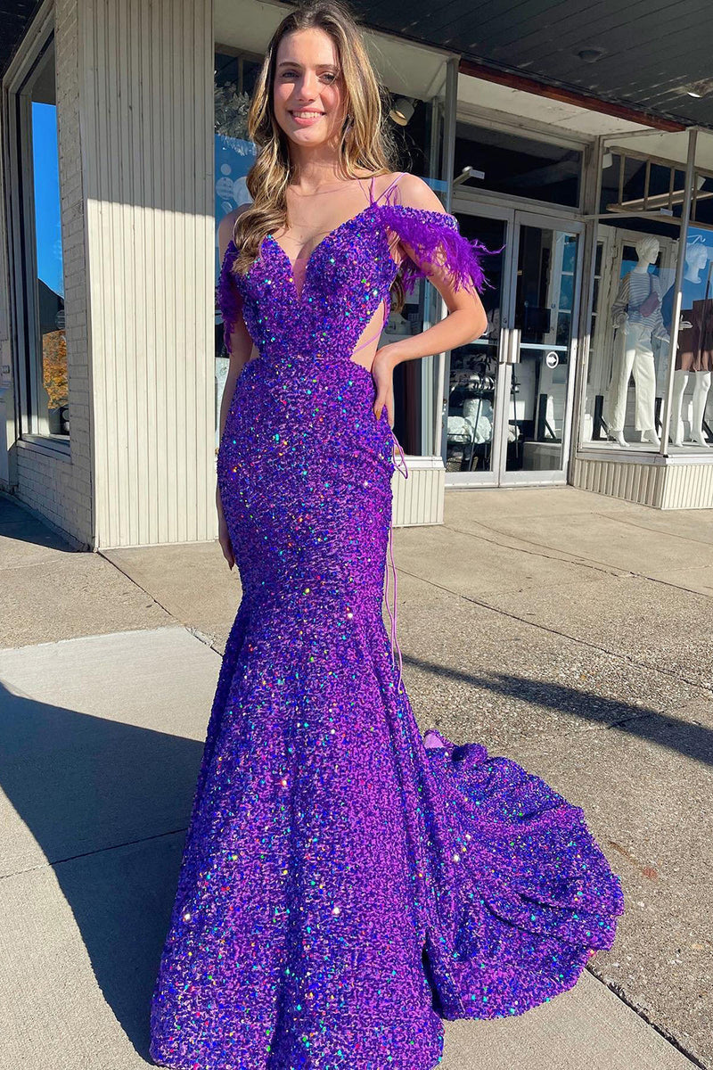 Load image into Gallery viewer, Mermaid Off the Shoulder Purple Sequins Cut Out Prom Dress with Feathers
