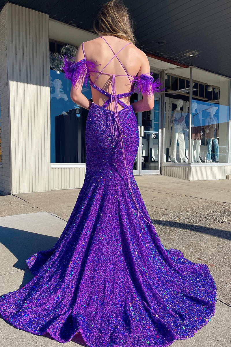 Load image into Gallery viewer, Mermaid Off the Shoulder Purple Sequins Cut Out Prom Dress with Feathers