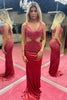 Load image into Gallery viewer, Mermaid Deep V Neck Burgundy Cut Out Long Prom Dress with Beading