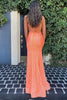 Load image into Gallery viewer, Mermaid Spaghetti Straps Orange Sequins Long Prom Dress with Split Front