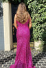 Load image into Gallery viewer, Mermaid V Neck Fuchsia Sequins Long Prom Dress