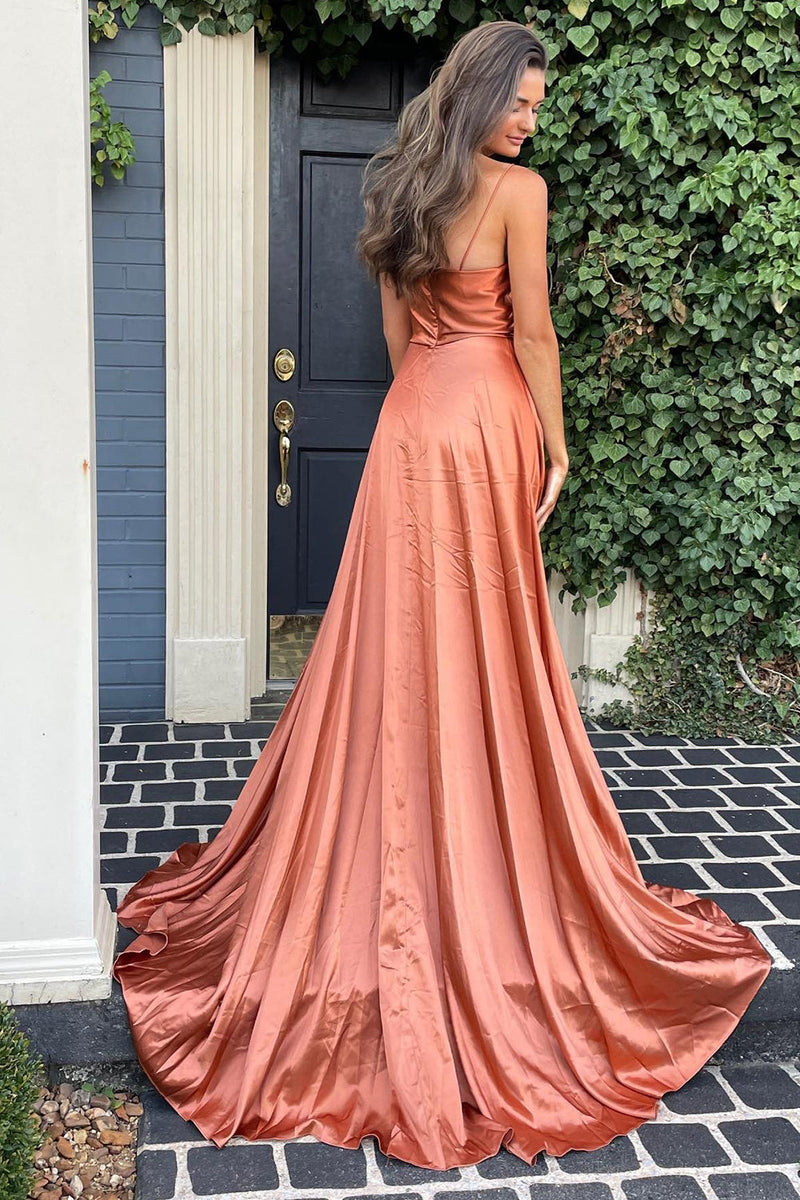 Load image into Gallery viewer, A Line Spaghetti Straps Blush Long Prom Dress with Split Front