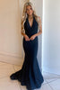 Load image into Gallery viewer, Mermaid Deep V Neck Black Long Prom Dress with Open Back