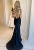 Load image into Gallery viewer, Mermaid Deep V Neck Black Long Prom Dress with Open Back