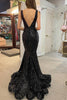 Load image into Gallery viewer, Mermaid Deep V Neck Black Sequins Long Prom Dress with Open Back