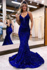 Load image into Gallery viewer, Mermaid Spaghetti Straps Royal Blue Sequins Long Prom Dress with Sweep Train