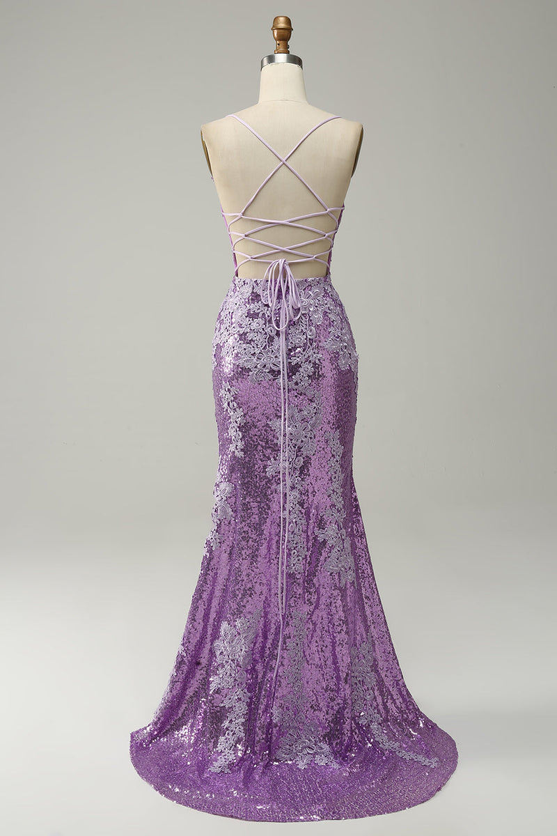 Load image into Gallery viewer, Lavender Sequin Mermaid Prom Dress with Appliques
