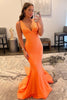 Load image into Gallery viewer, Mermaid Deep V Neck Orange Long Prom Dress with Beading